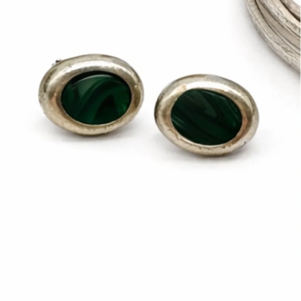 Taxco Sterling Silver Malachite Earrings 💚 Artisan Vintage Mexico